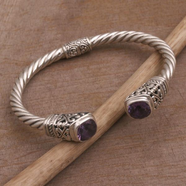 Alternate image for Amethyst and 925 Silver Rope Design Cuff Bracelet from Bali Altar Swirl