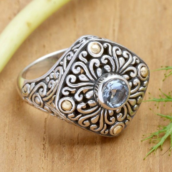 Alternate image for Gold-accented Blue Topaz Swirl Motif Cocktail Ring from Bali Swirling Facade