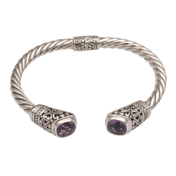 Alternate image for Amethyst and 925 Silver Rope Design Cuff Bracelet from Bali Altar Swirl