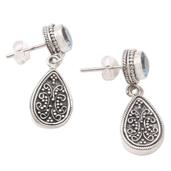 Alternate image for Sterling Silver and Blue Topaz Dangle Earrings from Bali Mystic Leaves in Blue