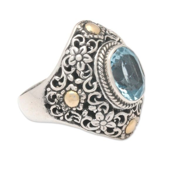 Alternate image for Gold Accent Blue Topaz Floral Cocktail Ring from Bali Floral Mystique