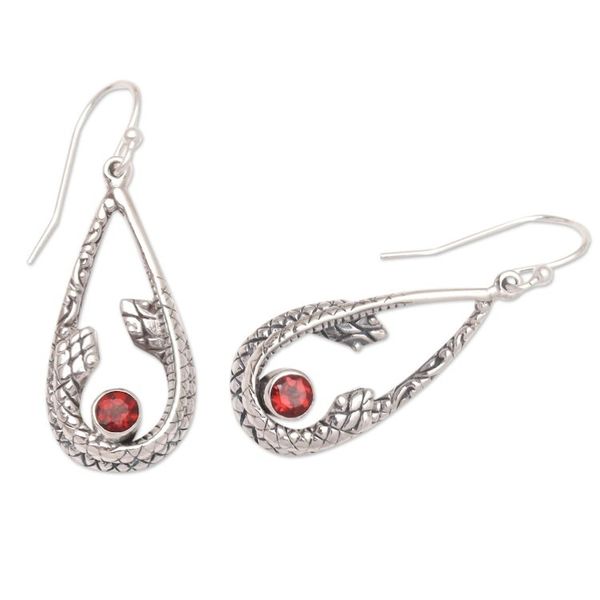 Alternate image for Garnet and Sterling Silver Snake Earrings Garter Snake in Red