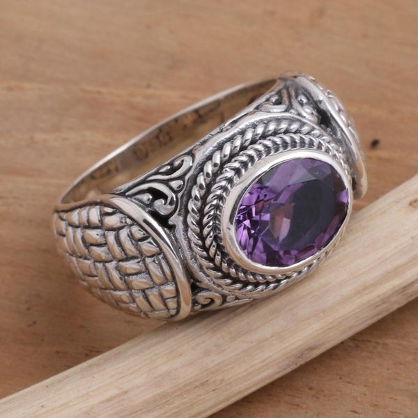 Alternate image for Amethyst and Sterling Silver Signet Ring Woven Vines