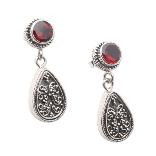 Alternate image for Sterling Silver and Garnet Dangle Earrings from Bali Mystic Leaves in Red