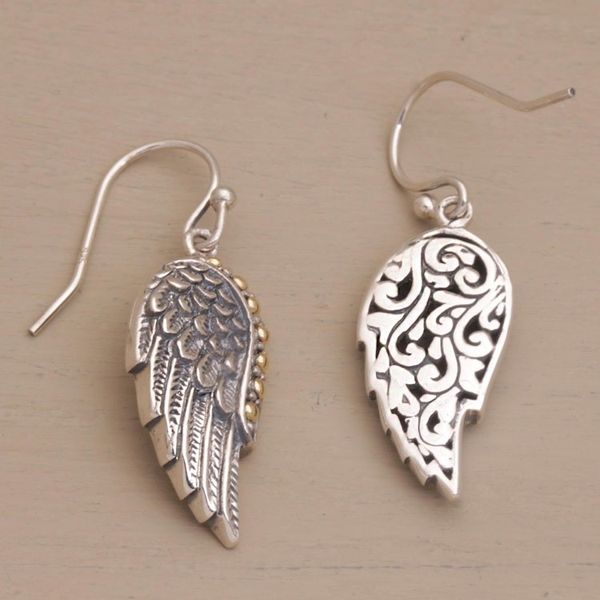 Alternate image for Gold Accent Sterling Silver Wing Dangle Earrings from Bali Gleaming Swan Wings