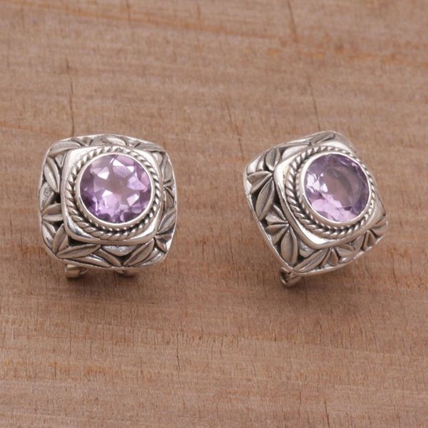 Alternate image for Amethyst and Sterling Silver Button Earrings from Bali Bamboo Shade