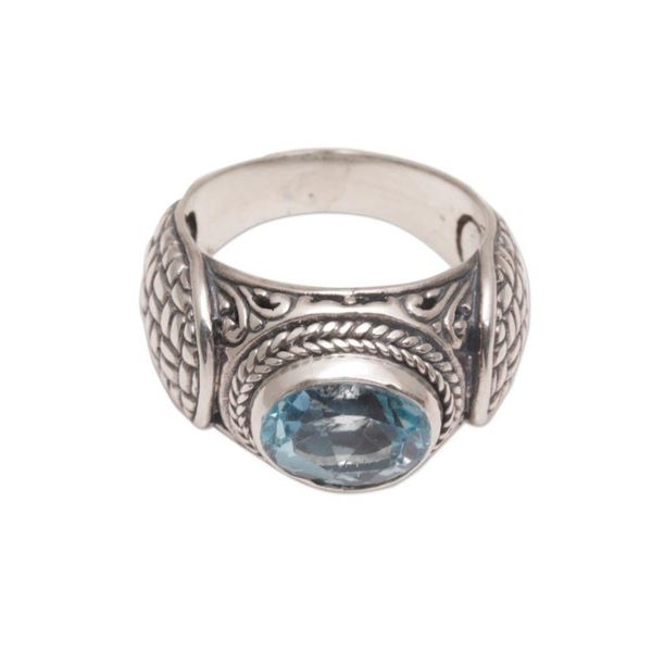 Alternate image for Blue Topaz Weave Motif Single Stone Ring from Bali Woven Vine