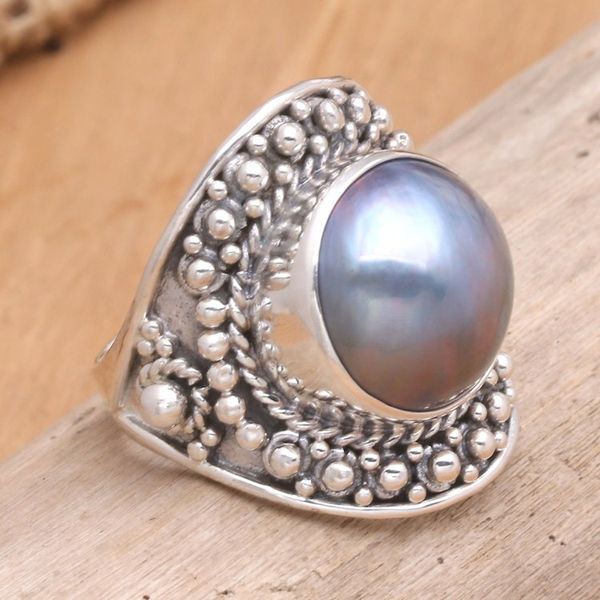 Alternate image for Unique Indonesian Sterling Silver and Pearl Cocktail Ring Blue Bali