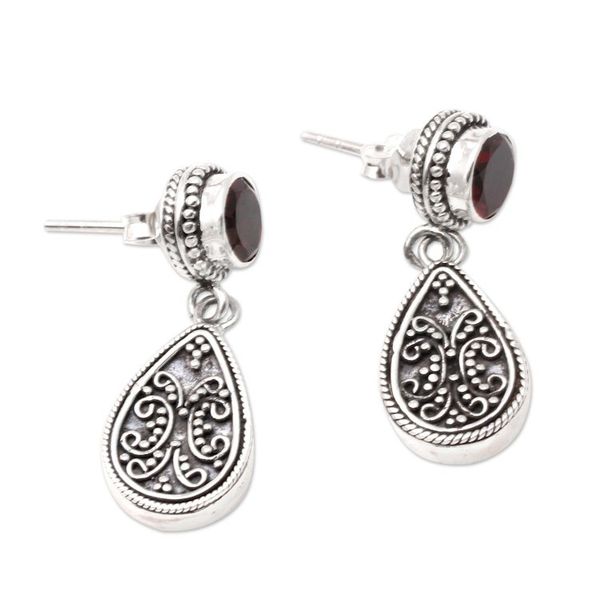 Alternate image for Sterling Silver and Garnet Dangle Earrings from Bali Mystic Leaves in Red