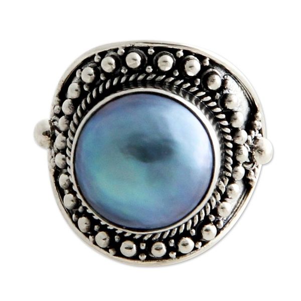 Alternate image for Unique Indonesian Sterling Silver and Pearl Cocktail Ring Blue Bali