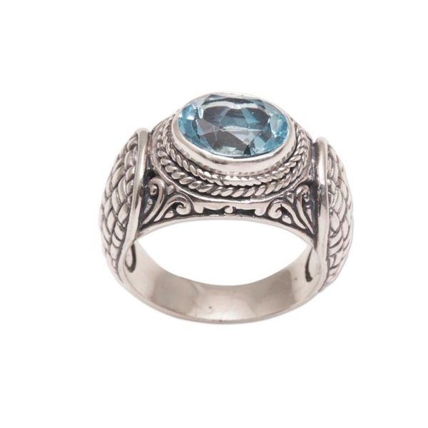 Alternate image for Blue Topaz Weave Motif Single Stone Ring from Bali Woven Vine