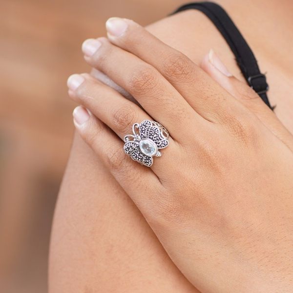 Alternate image for Unique Sterling Silver and Blue Topaz Cocktail Ring Butterfly Soul