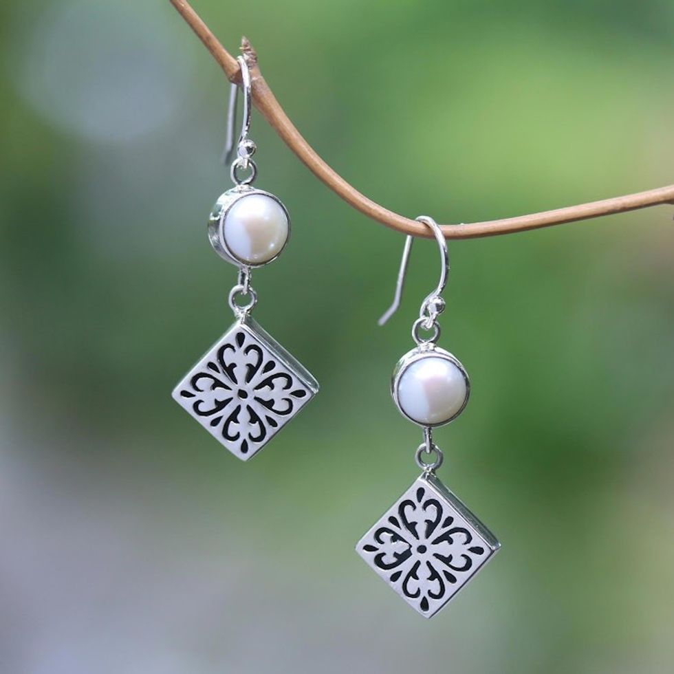 Cultured Pearl and Sterling Silver Dangle Earrings from Bali 'Square Dance'