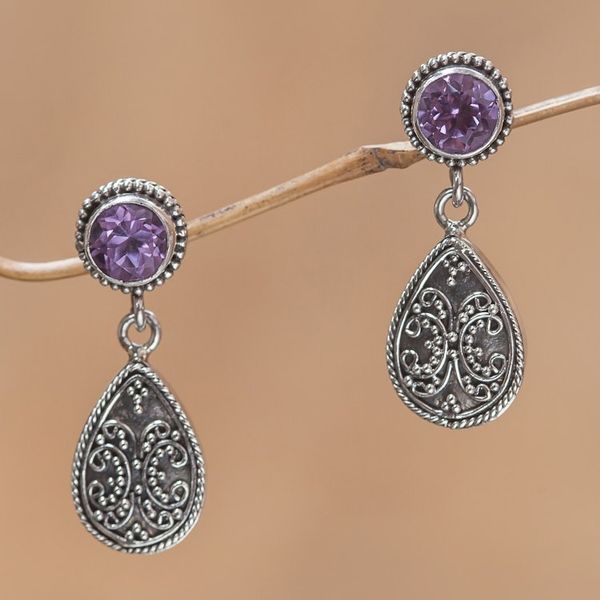 Alternate image for Silver and Amethyst Earrings Balinese Handcrafted Jewelry Joyous Beauty
