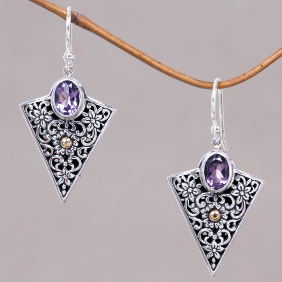 Triangular Dangle Earrings with Amethysts in Sterling Silver 'Miracle'