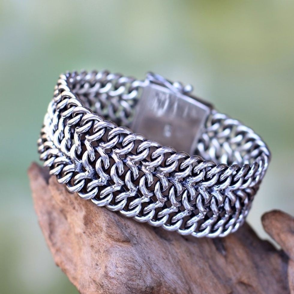 Women's Sterling Silver Wristband Bracelet from Indonesia 'Enmeshed'