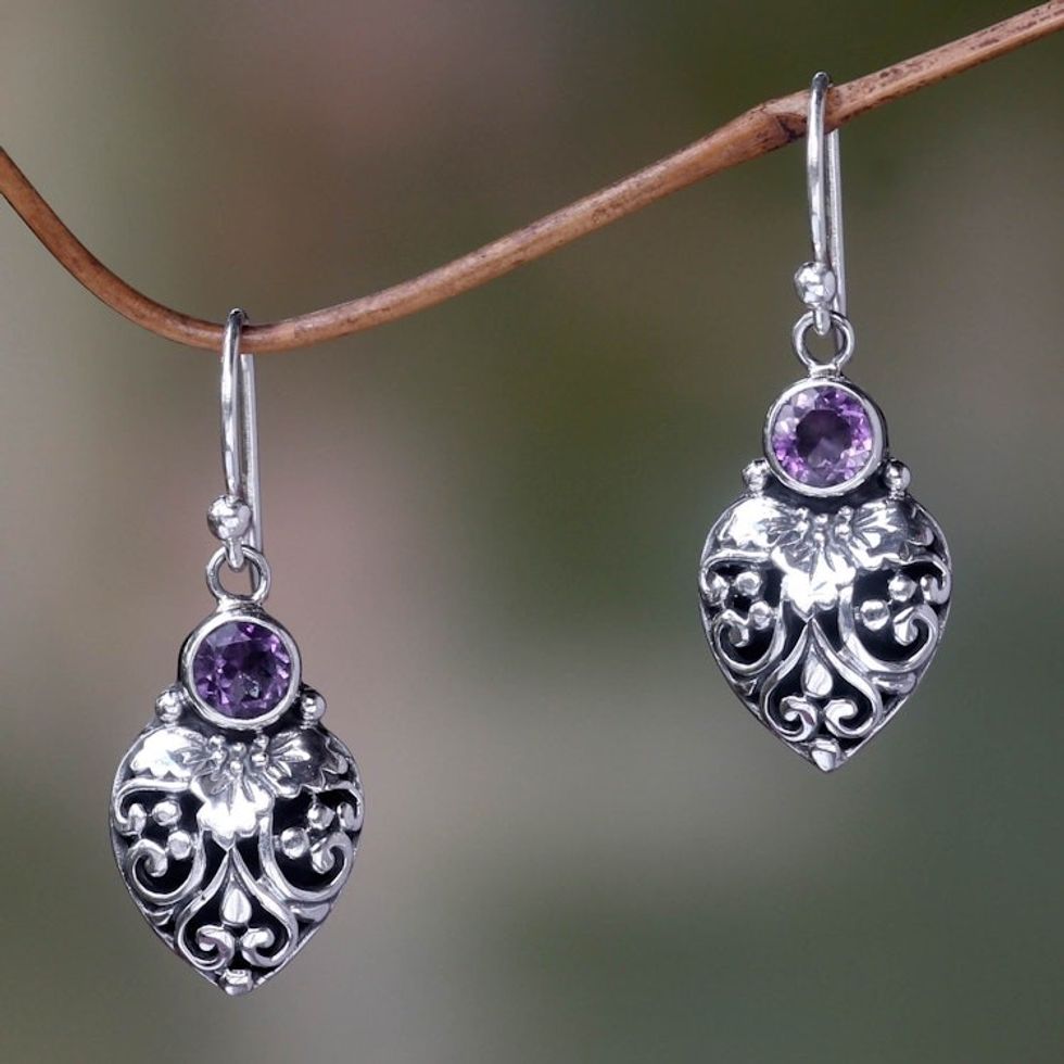 Sterling Silver and Amethyst Gemstone Earrings from Bali 'Bali Strawberry in Purple'