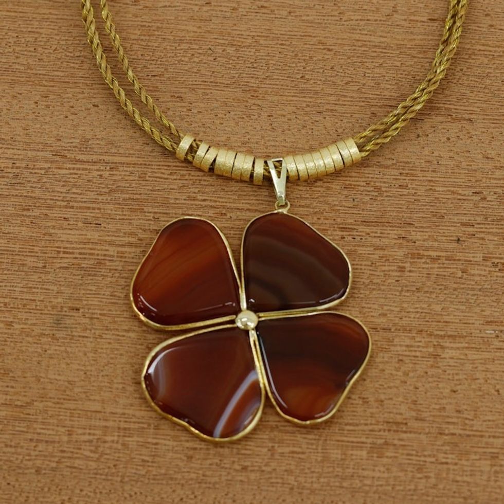 Agate Clover Pendant with Golden Grass Cord Necklace 'Balance Found'