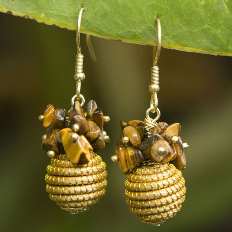 Hand Crafted Brazilian Golden Grass and Tiger's Eye Earrings 'Warmth'