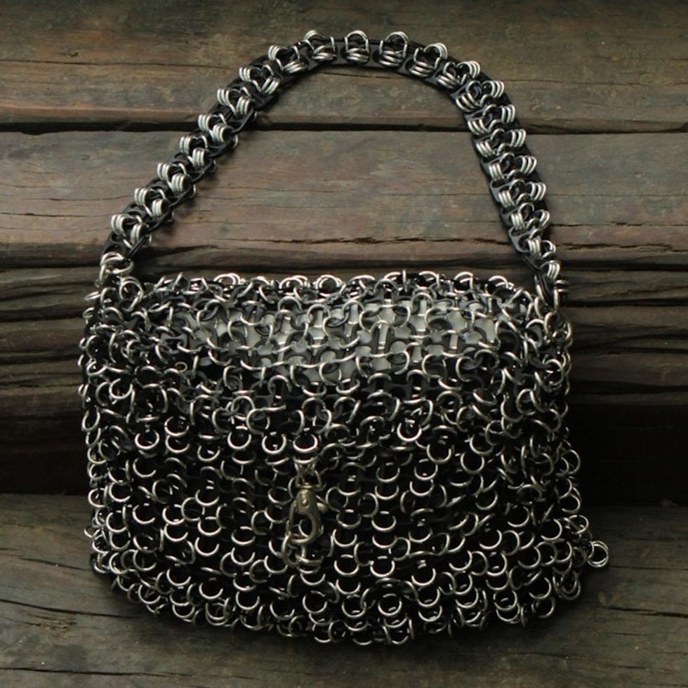 Black Crochet Recycled Poptop Shoulder Bag from Brazil  'Shimmery Night'