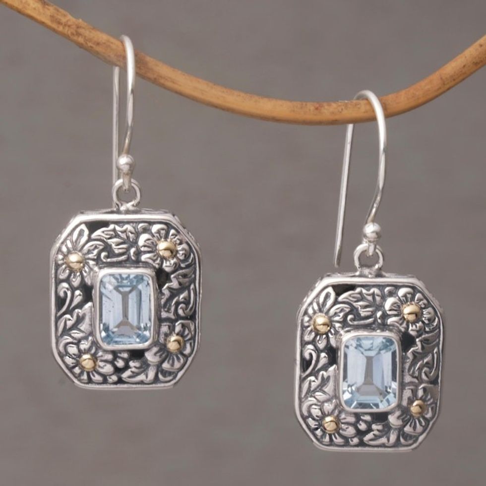 Gold Accent Floral Blue Topaz Dangle Earrings from Bali 'Daisy Queen'