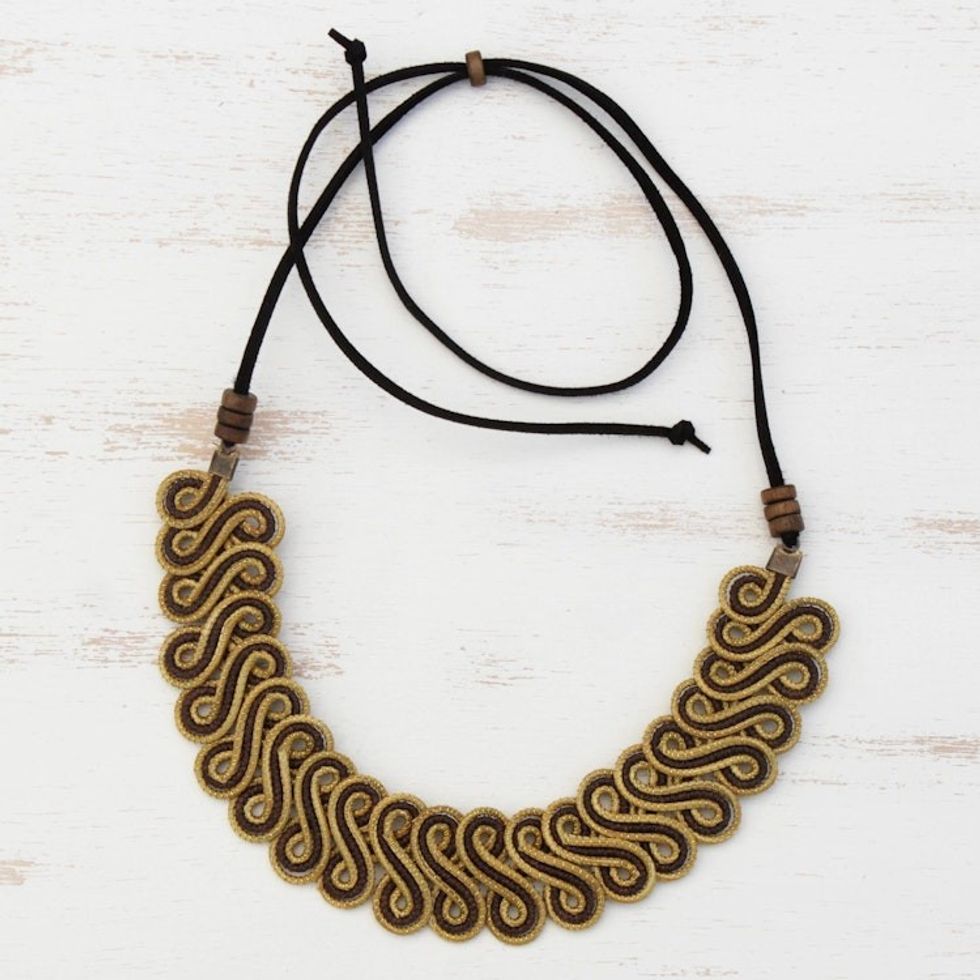 Golden Grass Statement Necklace with Adjustable Cord 'Winding Path'