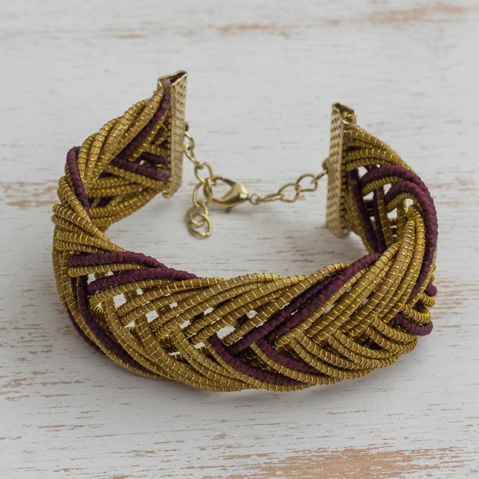 Gold Accented Golden Grass Wristband Bracelet in Burgundy 'Gold and Burgundy'