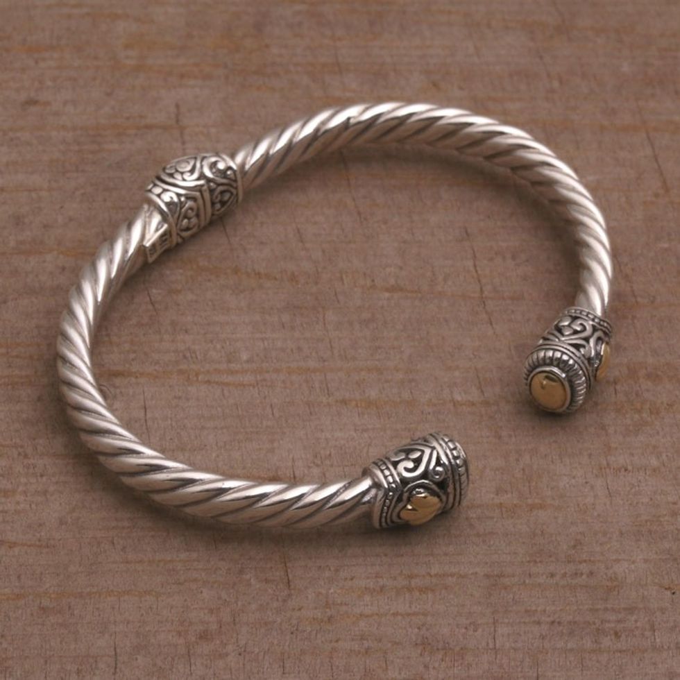 Gold Accent Rope Design Sterling Silver Bracelet from Bali 'Shrine Leaves'