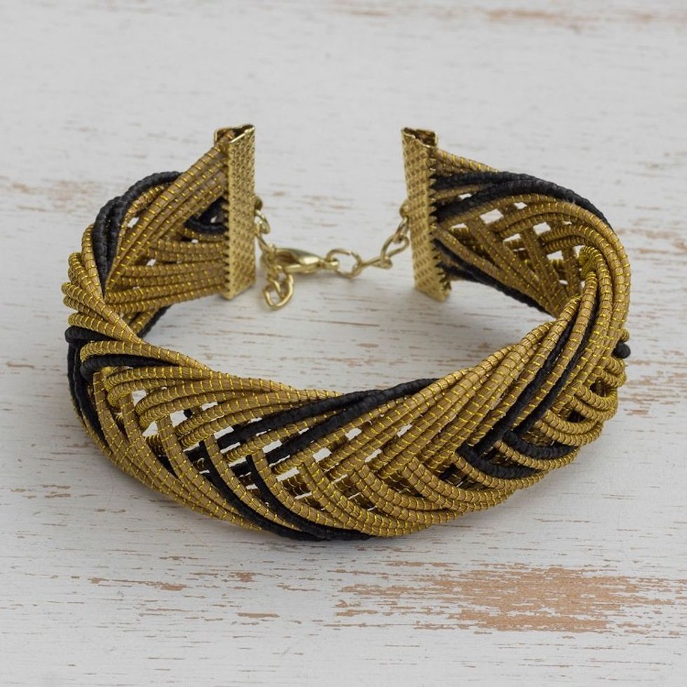 Gold Accented Golden Grass Wristband Bracelet in Black 'Gold and Black'