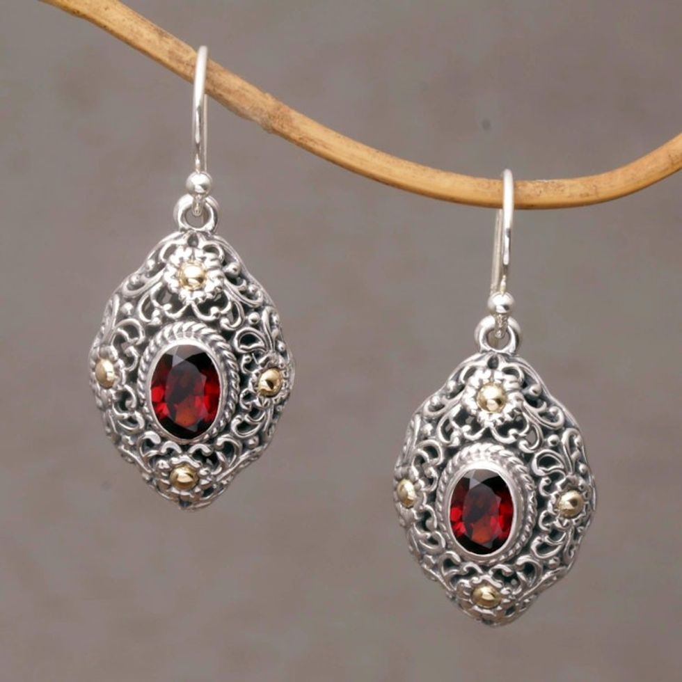 Gold Accent Garnet Floral Dangle Earrings from Bali 'Floral Dew'