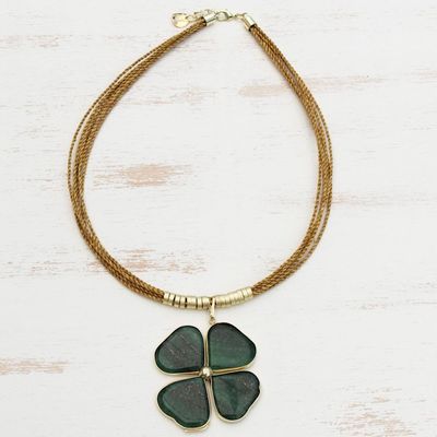 Alternate image for Green Quartz Clover Pendant with Golden Grass Cord Necklace Fortune Found