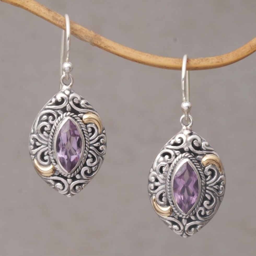 Gold Accent Amethyst Swirl Motif Dangle Earrings from Bali 'Defiant Beauty'