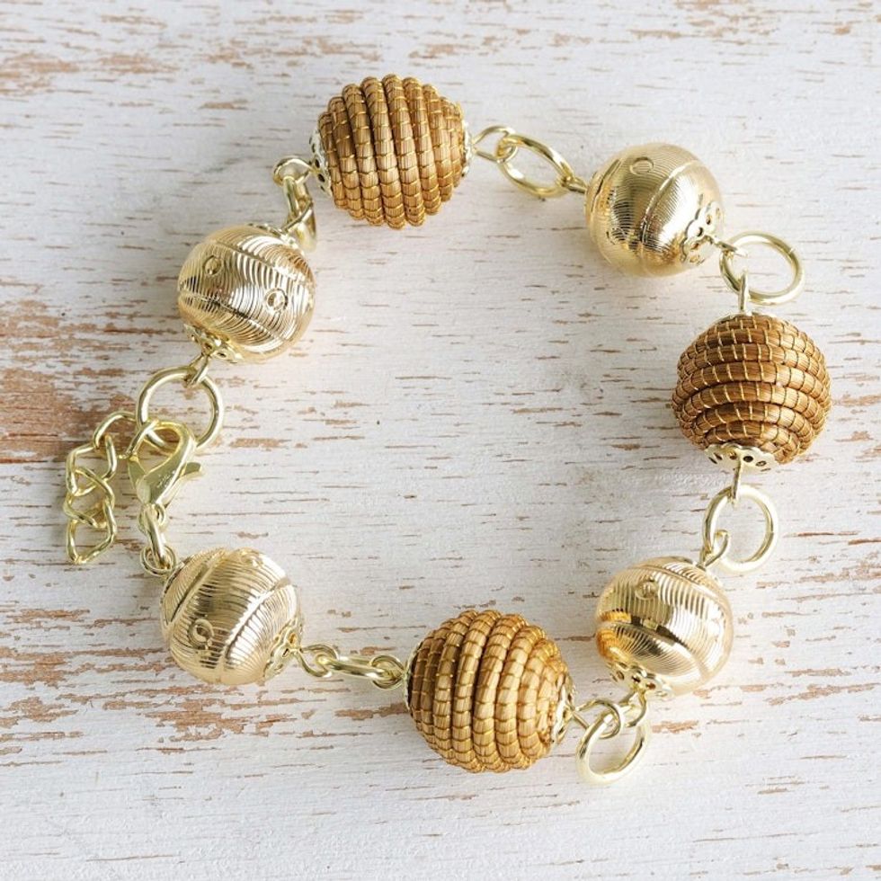 Golden Grass and 18K Gold Plated Bracelet from Brazil 'Delicate Spheres'