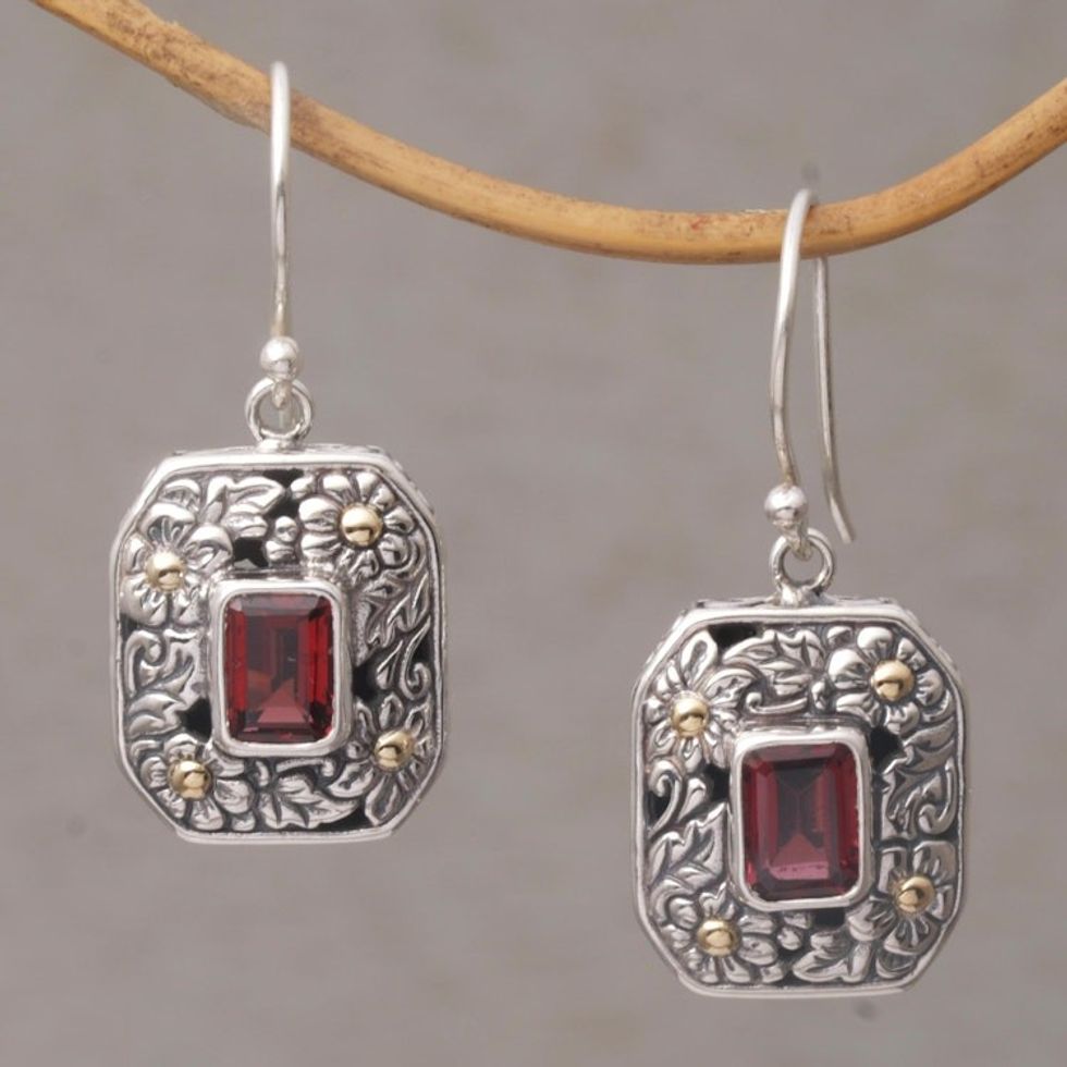 Gold Accent Floral Garnet Dangle Earrings from Bali 'Daisy Queen'