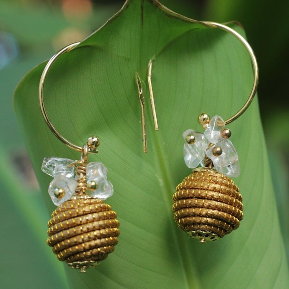 Fair Trade Crystal Accented Golden Grass Dangle Earrings 'Crystal Spheres'