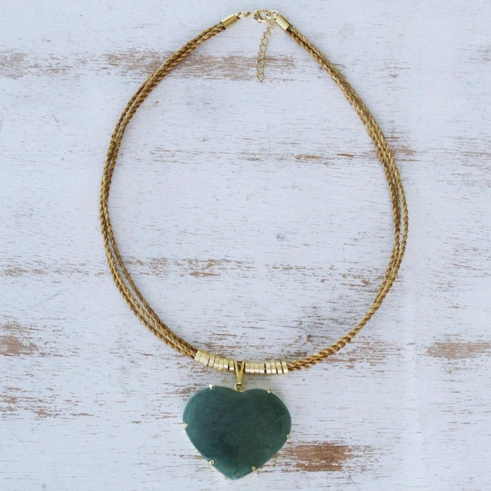 Golden Grass Necklace with Green Quartz 'Whole Heart'