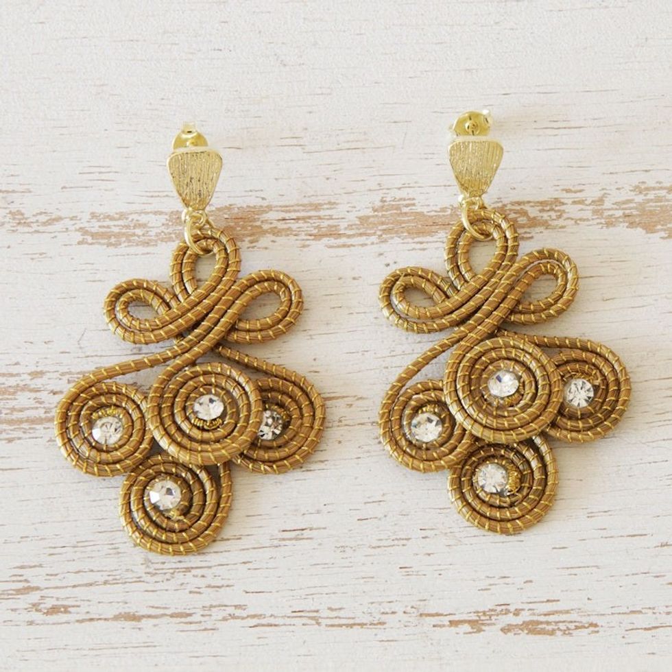 Brazilian Golden Grass and Rhinestone Curlicue Earrings 'Golden Curls'