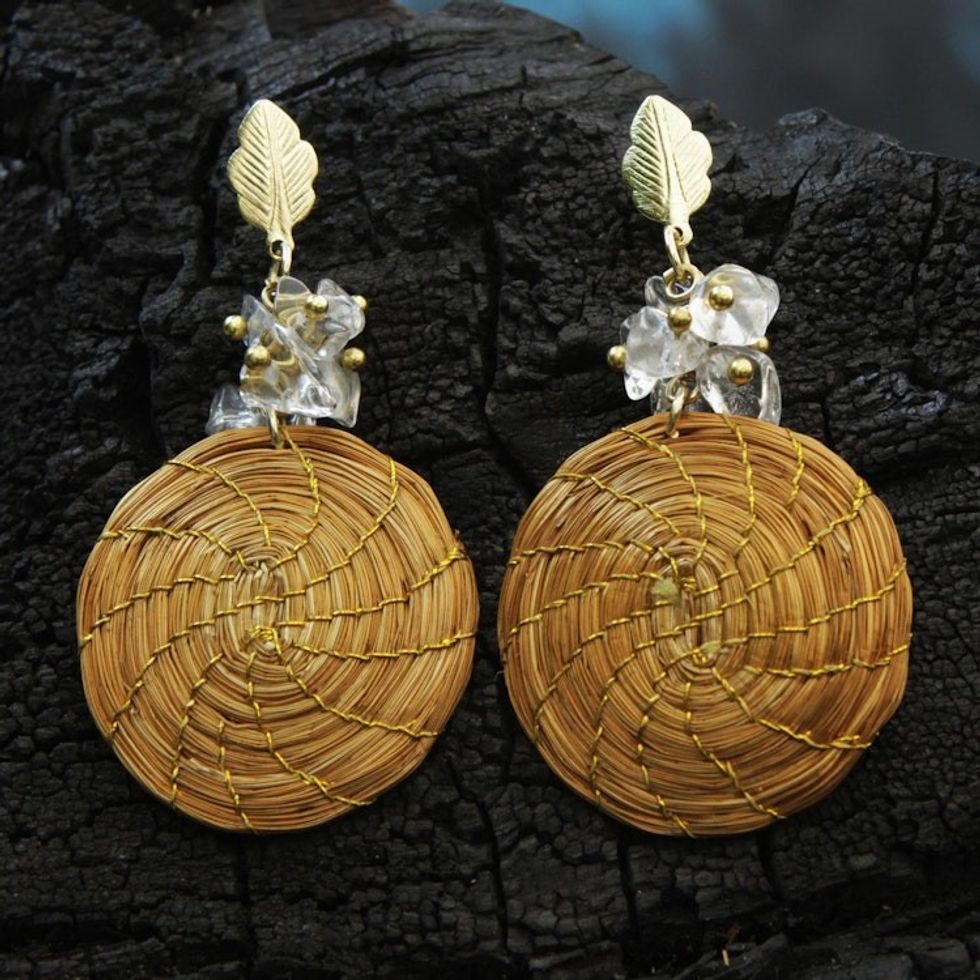 Gold Accent Golden Grass and Quartz Dangle Earrings 'Golden Spirals'