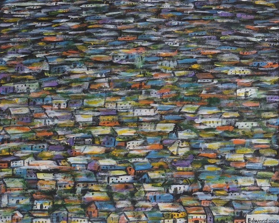 Impressionist Acrylic Painting of African Slum from Ghana 'Urban Village at Noon'