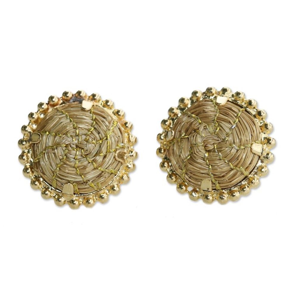 18k Gold-Plated Button Earrings Made from Golden Grass 'Golden Spirit'