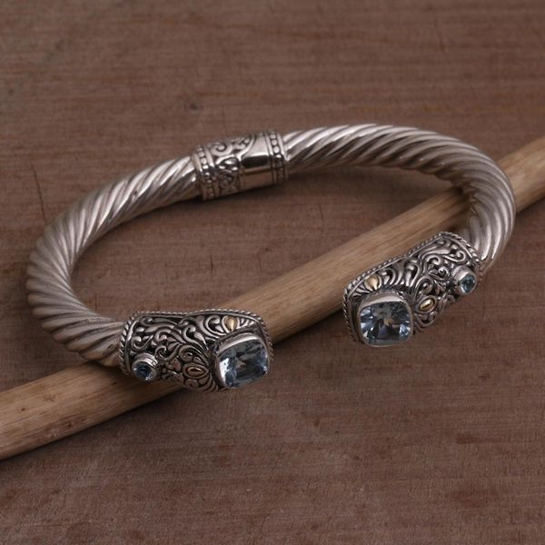 Alternate image for Blue Topaz and Sterling Silver Cuff with Gold Accents Dazzling Crest