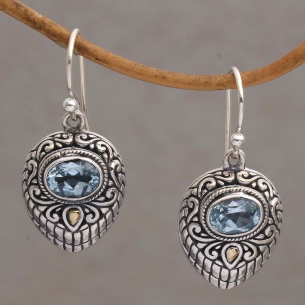 Gold Accent Blue Topaz and 925 Silver Earrings from Bali 'Swirling Crests'