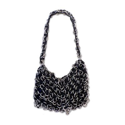 Alternate image for Black Crochet Recycled Poptop Shoulder Bag from Brazil  Shimmery Night
