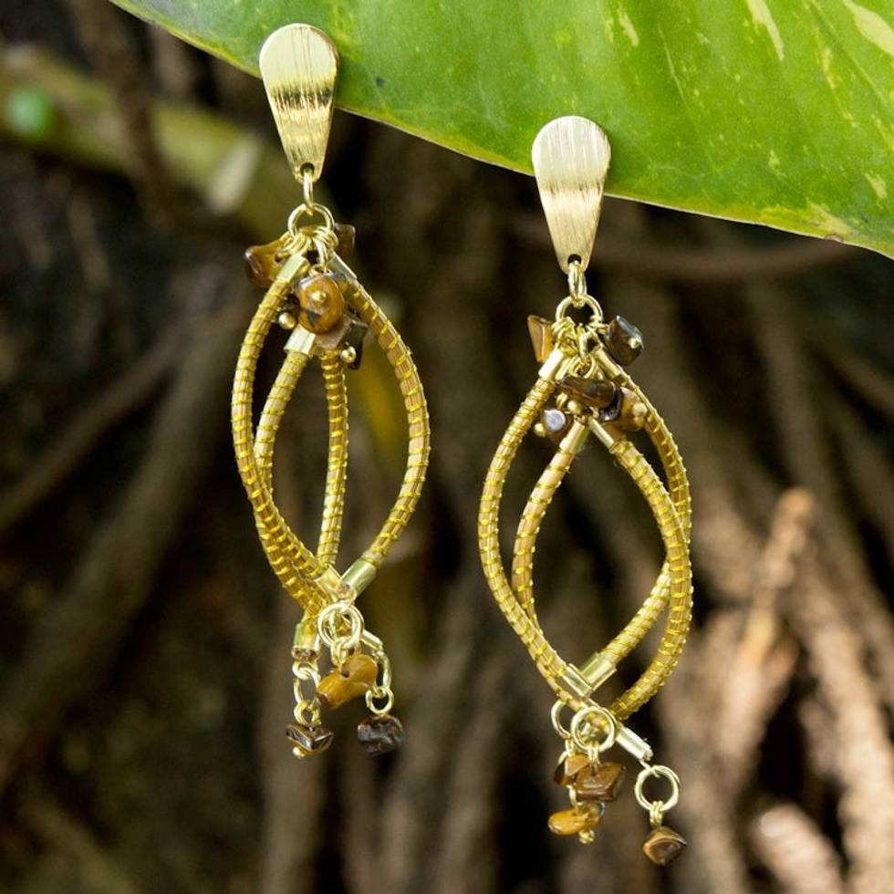 Hand Crafted Brazilian Tiger Eye and Golden Grass Earrings 'Goldenrod'