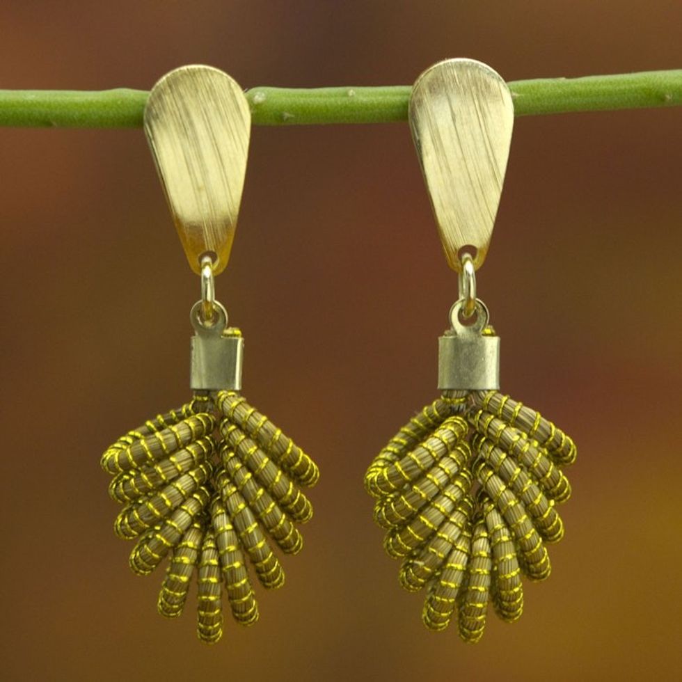 Brazilian Golden Grass Dangle Earrings with 18k Gold 'Amazon Leaf'