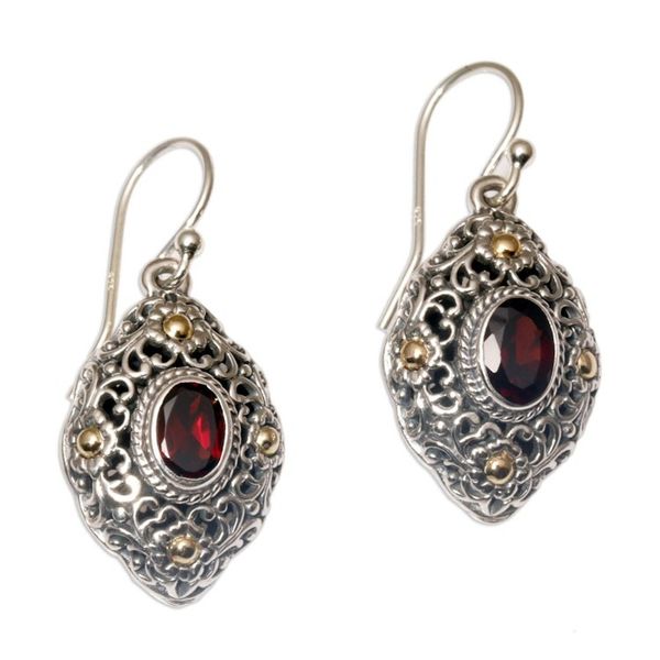 Alternate image for Gold Accent Garnet Floral Dangle Earrings from Bali Floral Dew