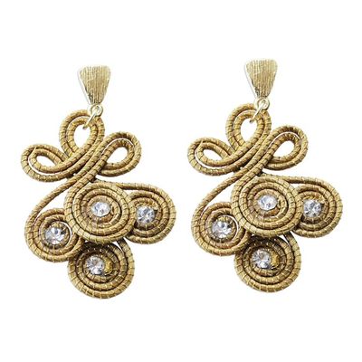 Alternate image for Brazilian Golden Grass and Rhinestone Curlicue Earrings Golden Curls