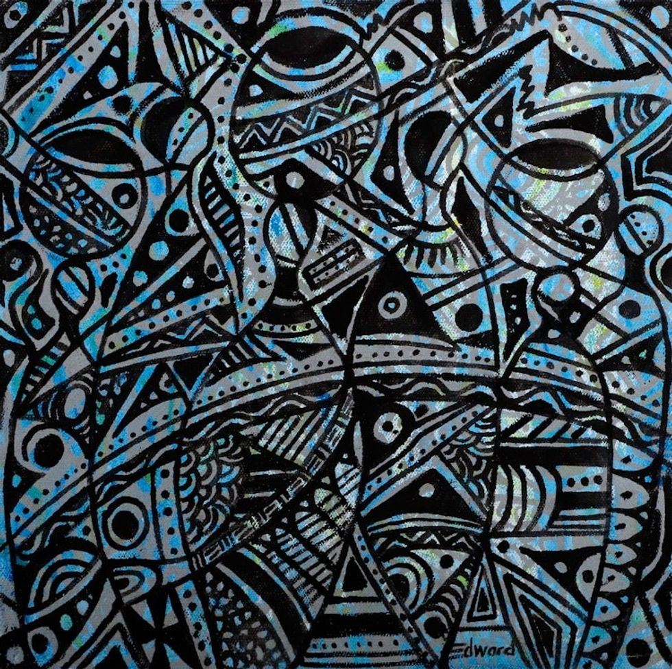 Signed Unstretched Abstract Blue and Black Acrylic Painting 'Cultural Unity'