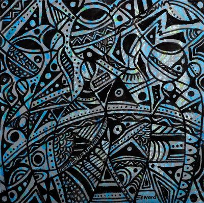 Alternate image for Signed Unstretched Abstract Blue and Black Acrylic Painting Cultural Unity