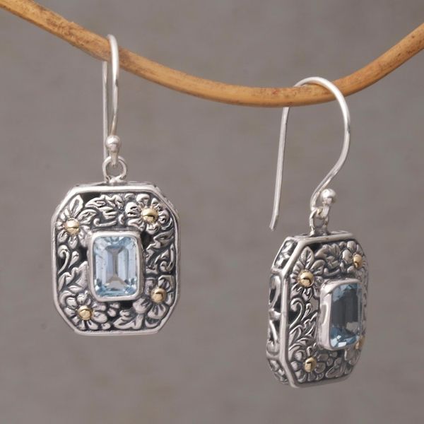 Alternate image for Gold Accent Floral Blue Topaz Dangle Earrings from Bali Daisy Queen